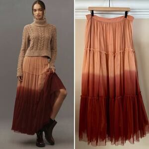 ANTHROPOLPOGIE Let Me Be Ombre Tulle Maxi Skirt | Red Motif | XL | NWOT